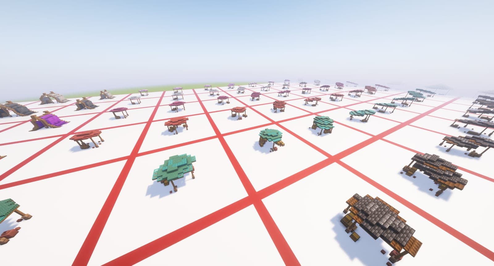 In-game render of the bandit camp build: market stalls, tents and awnings